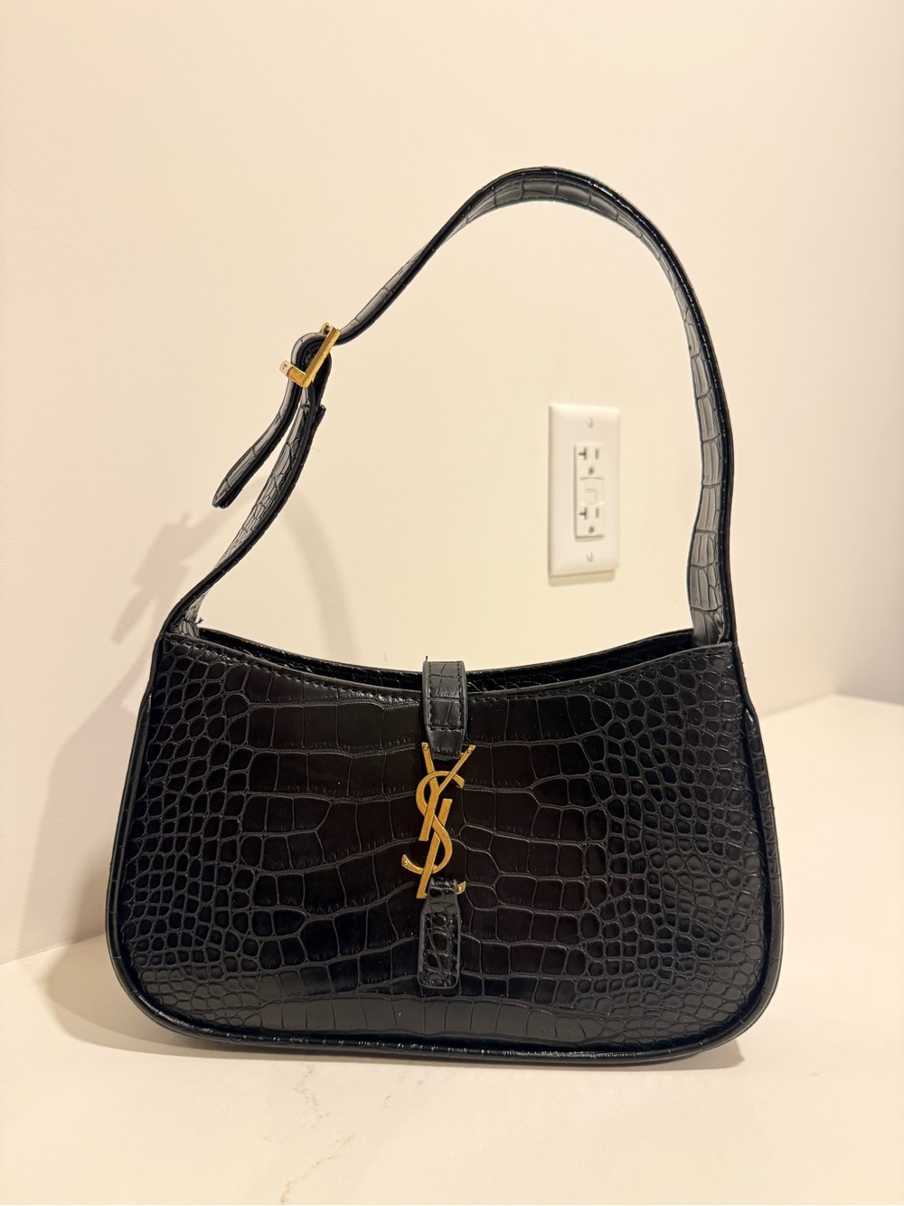 designer inspired black and gold open shoulder bag